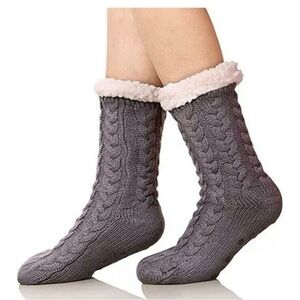 Huggle Women’s Ultra Plush Slipper Socks Gray Sherpa Cable Knit NonSlip One Size